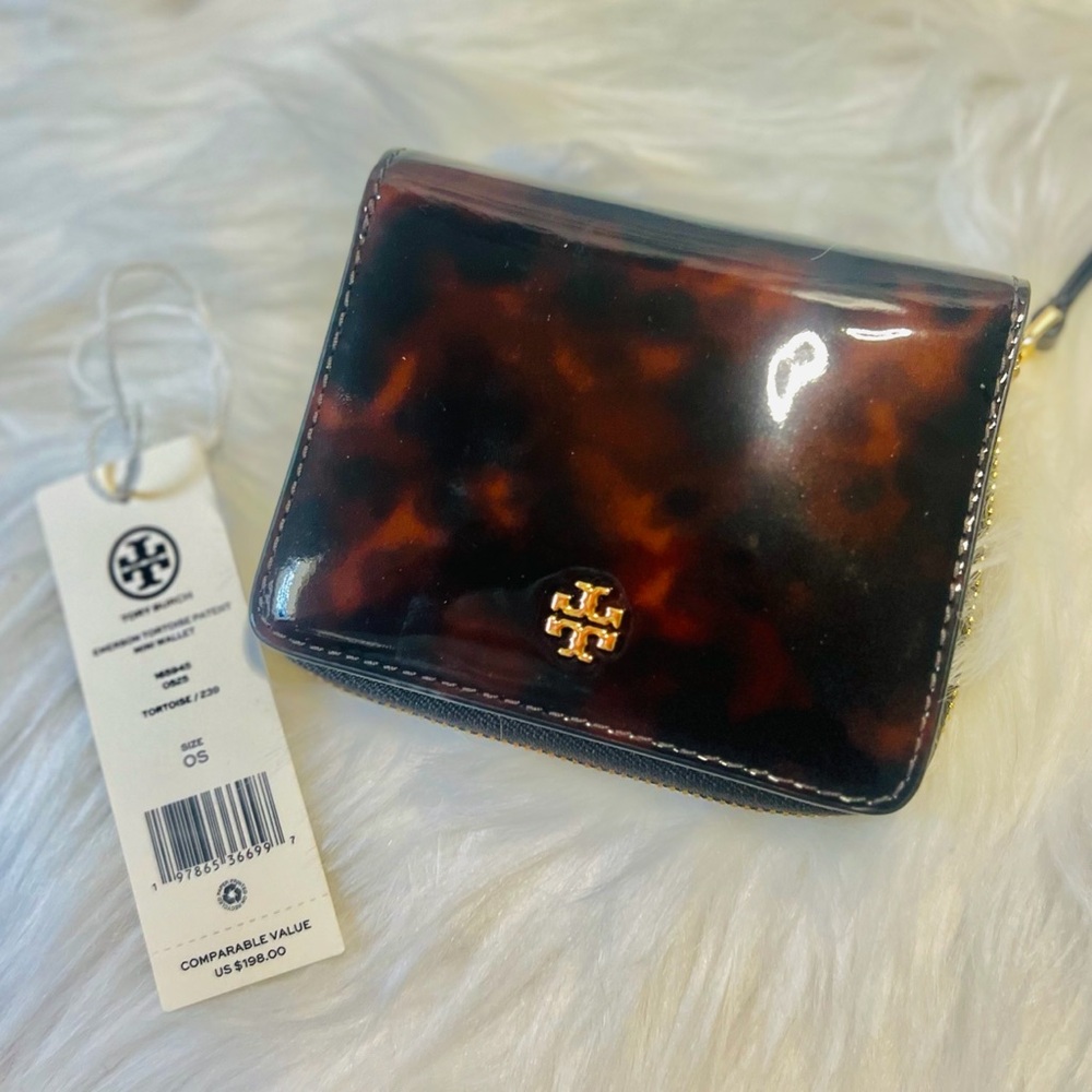 $198 NEW Tory Burch Bi-Fold Zipper Patent Wallet Tortoise